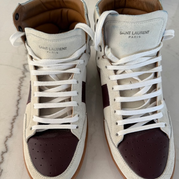 Mens Saint Laurent Burgundy and bone suede high top Sneaker -Size 43/US size 10 - Picture 1 of 8